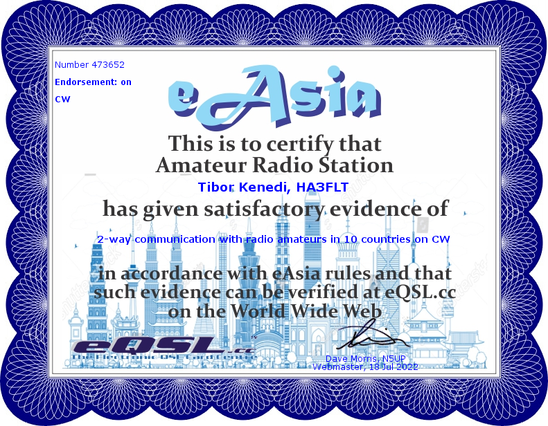 HA3FLT - eQSL's eAsia Award